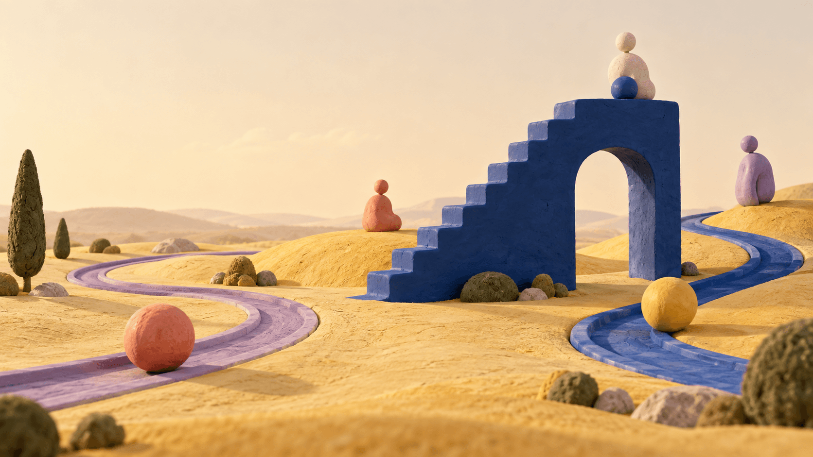 A handcrafted clay landscape where colorful paths branch through hills, arches, and small sculptural agents.